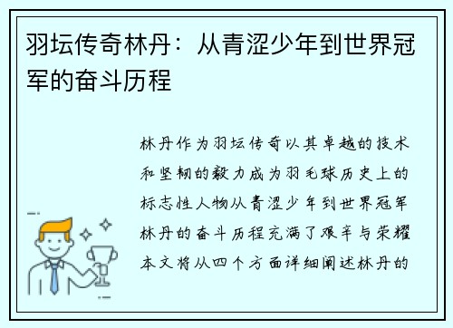 羽坛传奇林丹：从青涩少年到世界冠军的奋斗历程